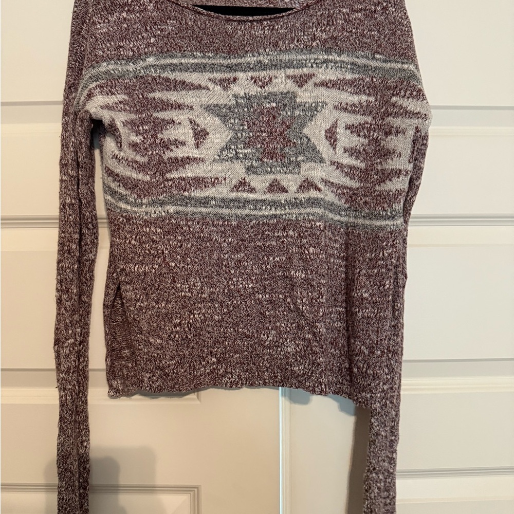 Hollister Maroon and Gray Knit Long Sleeve Top